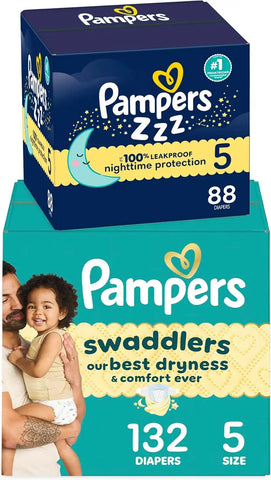 Bundle of Pampers Swaddlers Diapers, Size 5 (20-37 lbs), 132 Count, Absorbent, Pampers ZZZ Overnight Diapers, Size 4 (22-37 lbs), 104 Count, Nighttime Protection Disposable Baby Diaper
