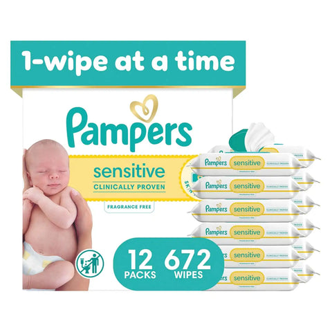 Pampers Sensitive Baby Wipes, Clinically Proven, Fragrance Free, Unscented, Water Based, Hypoallergenic, Multi-Use, Hand Wipes 672 Wipes Total (12X Flip-Top Packs) [Packaging May Vary]
