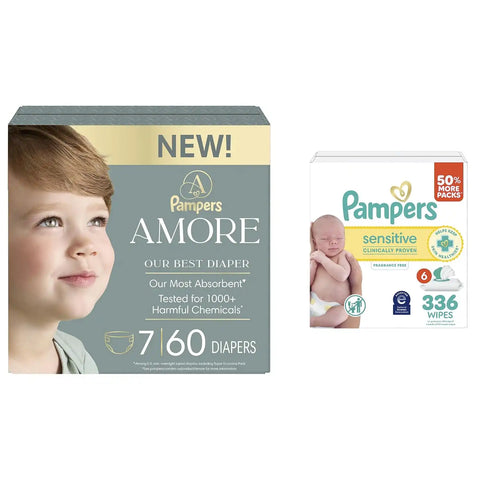 Pampers Amore Diapers Size 7, 60 Count, with Pampers Sensitive Water Based Baby Wipes 4X Flip-Top Packs (336 Count) [Packaging May Vary]