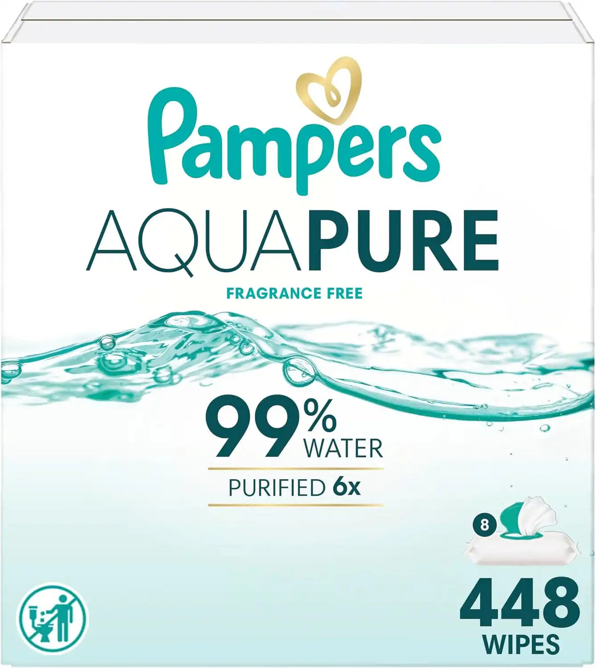 Pampers Aqua Pure Baby Wipes, 99% Water, Fragrance Free, Unscented, Water Based, Multi-Use, 448 Wipes Total (8X Flip-Top Packs) [Packaging May Vary]