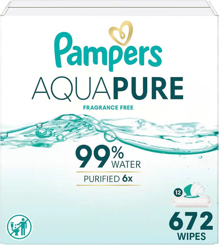 Pampers Aqua Pure Baby Wipes, 99% Water, Fragrance Free, Unscented, Water Based, Multi-Use, 672 Wipes Total (12X Flip-Top Packs) [Packaging May Vary]