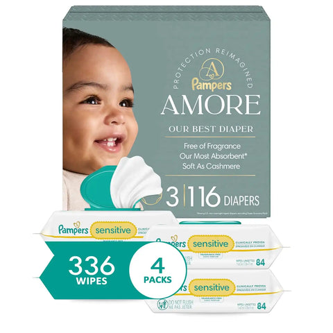 Pampers Amore Diapers Size 3, 116 Count, with Pampers Sensitive Water Based Baby Wipes 4X Flip-Top Packs (336 Count) [Packaging May Vary]