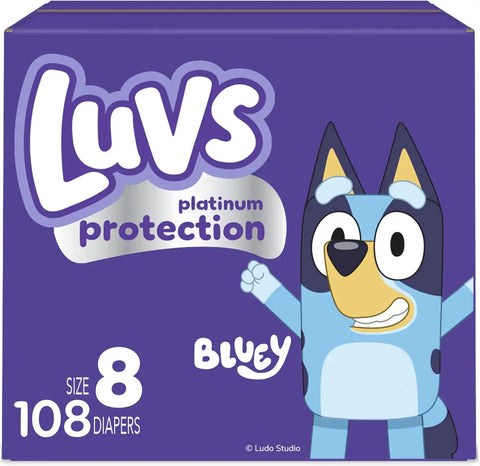 Luvs Size 8 Baby Diapers, Platinum Protection Bluey Diapers for Day & Night,Size 8 (46+ lb), 108 Count