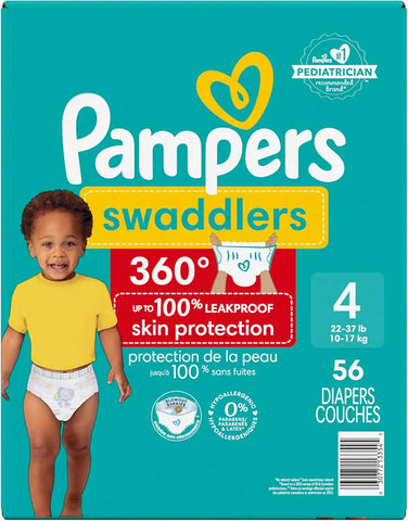 Pampers Diapers - Swaddlers 360° - Size 4, 56 Count, up to 100% Leakproof Comfy Dry Fit, Designed for Easy Changes, Pull On Baby Diaper (Packaging May Vary)