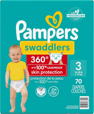 Pampers Diapers - Swaddlers 360° - Size 3, 70 Count, up to 100% Leakproof Comfy Dry Fit, Designed for Easy Changes, Pull On Baby Diaper (Packaging May Vary)
