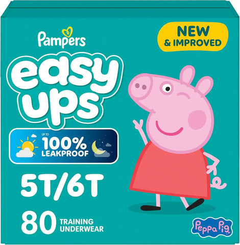 Easy Ups Girls & Boys Potty Training Pants, Size 7 (5T6T), 80 Count, Peppa Pig Absorbent Training Underwear, Up to 100% Leakproof Day and Night, Hypoallergenic