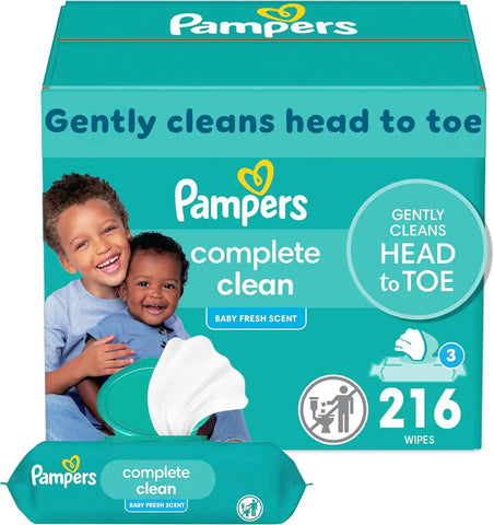 Pampers Baby Wipes, Complete Clean Baby Fresh Scented Wipe, Gently Cleans Head to Toe, 216 Total (3 Flip-Top Packs)