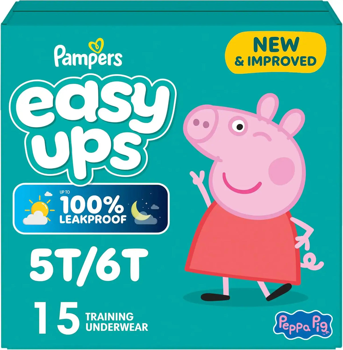 Easy Ups Girls & Boys Potty Training Pants, Size 7 (5T6T), 15 Count, Peppa Pig Absorbent Training Underwear, Up to 100% Leakproof Day and Night, Hypoallergenic (Packaging May Vary)