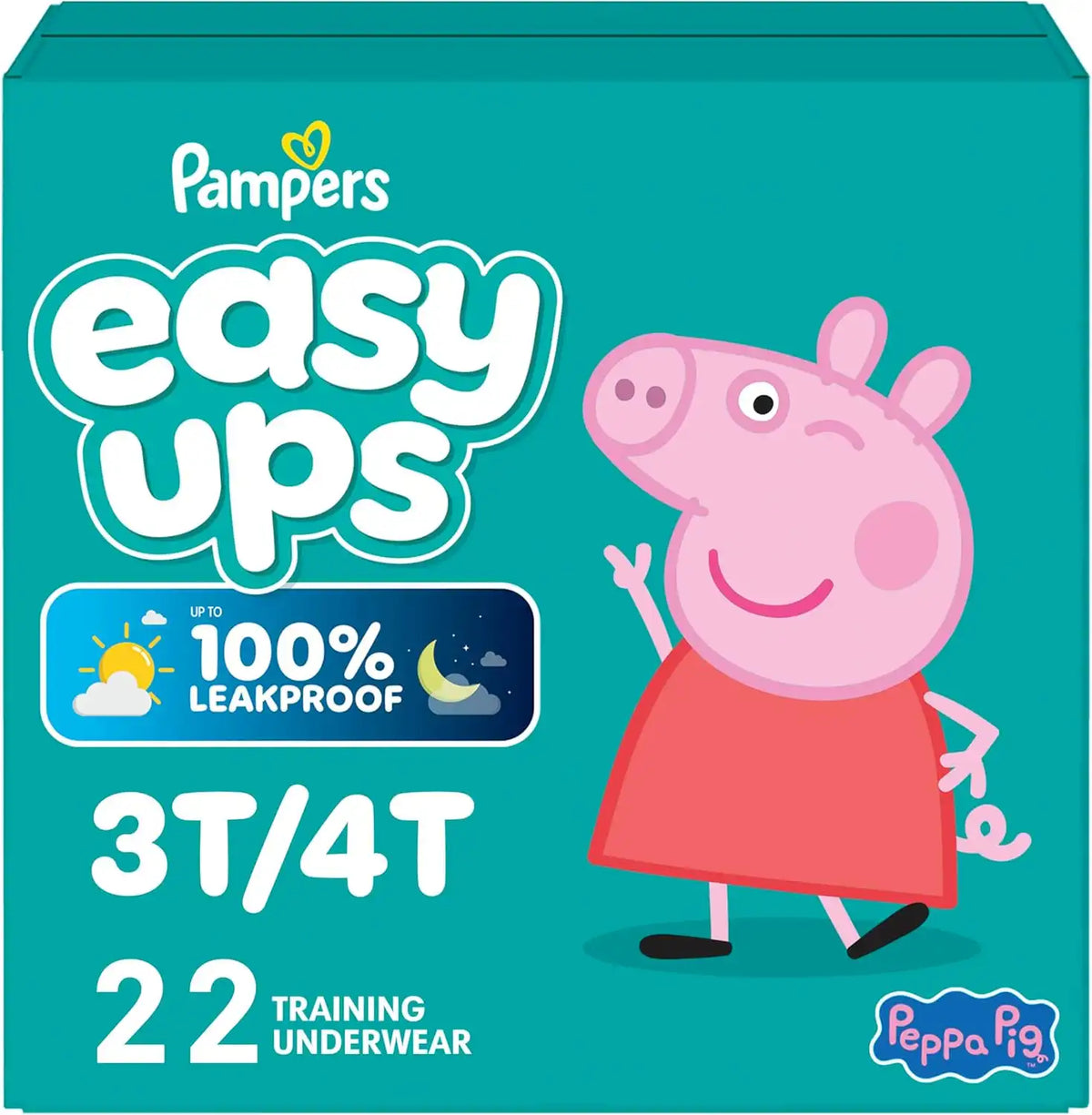 Easy Ups Girls & Boys Potty Training Pants, Size 5 (3T4T), 22 Count, Peppa Pig Absorbent Training Underwear, Up to 100% Leakproof Day and Night, Hypoallergenic