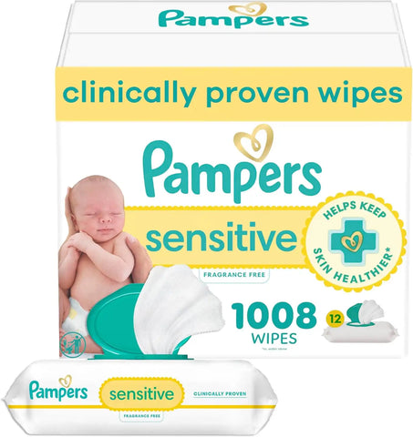 Pampers Sensitive Baby Wipes, Water Based, Clinically Proven, Hypoallergenic, and Unscented for Babies, 1008 Wipes Total (12 Flip-Top Packs) [Packaging May Vary]