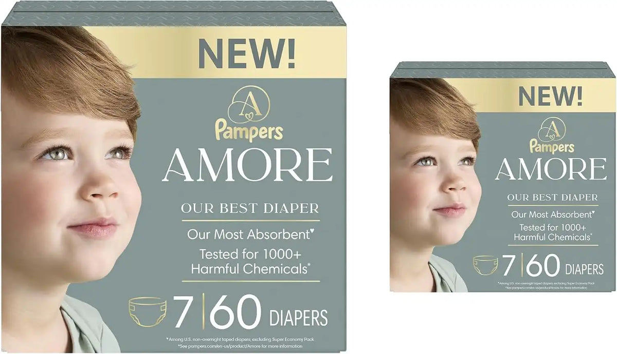 Pampers Amore Diapers Size 7, 2 x 60 Count, with Pampers Aqua Pure Water Based Baby Wipes 12X Flip-Top Packs (672 Count)