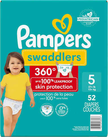 Pampers Diapers - Swaddlers 360° - Size 5, 52 Count, up to 100% Leakproof Comfy Dry Fit, Designed for Easy Changes, Pull On Baby Diaper (Packaging May Vary)