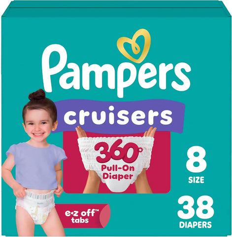 Pampers Diapers - Cruisers 360° - Size 8, 38 Count, up to 100% Leakproof Fit, Designed for Active Babies, Pull On Diaper