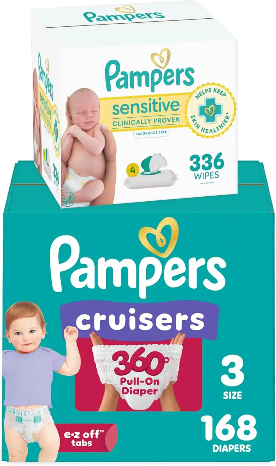 Diapers Size 3, 168 Count and Baby Wipes - Pampers Pull On Cruisers 360° Fit Baby Diapers with Stretchy Waistband, ONE MONTH SUPPLY with Sensitive Wipes, 6X Pop-Tops, 336 Count (Packaging May Vary)