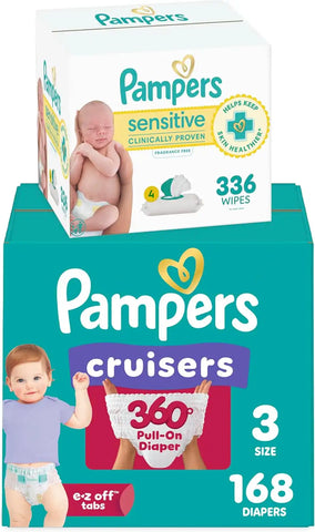 Diapers Size 3, 168 Count and Baby Wipes - Pampers Pull On Cruisers 360° Fit Baby Diapers with Stretchy Waistband, ONE MONTH SUPPLY with Sensitive Wipes, 6X Pop-Tops, 336 Count (Packaging May Vary)