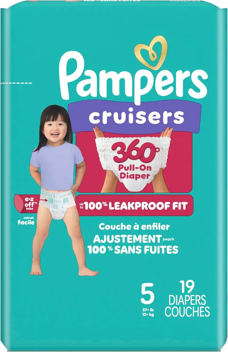 Pampers Diapers - Cruisers 360 - Size 5, 19 Count, Babyproof up to 100% Leakproof Pull-On Diaper (Packaging May Vary)