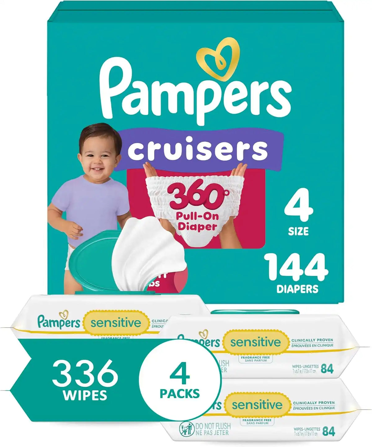 Pampers Pull On Cruisers 360° Fit Disposable Baby Diapers Size 4, One Month Supply (144 Count) with Sensitive Water Based Baby Wipes 6X Pop-Top Packs (336 Count)