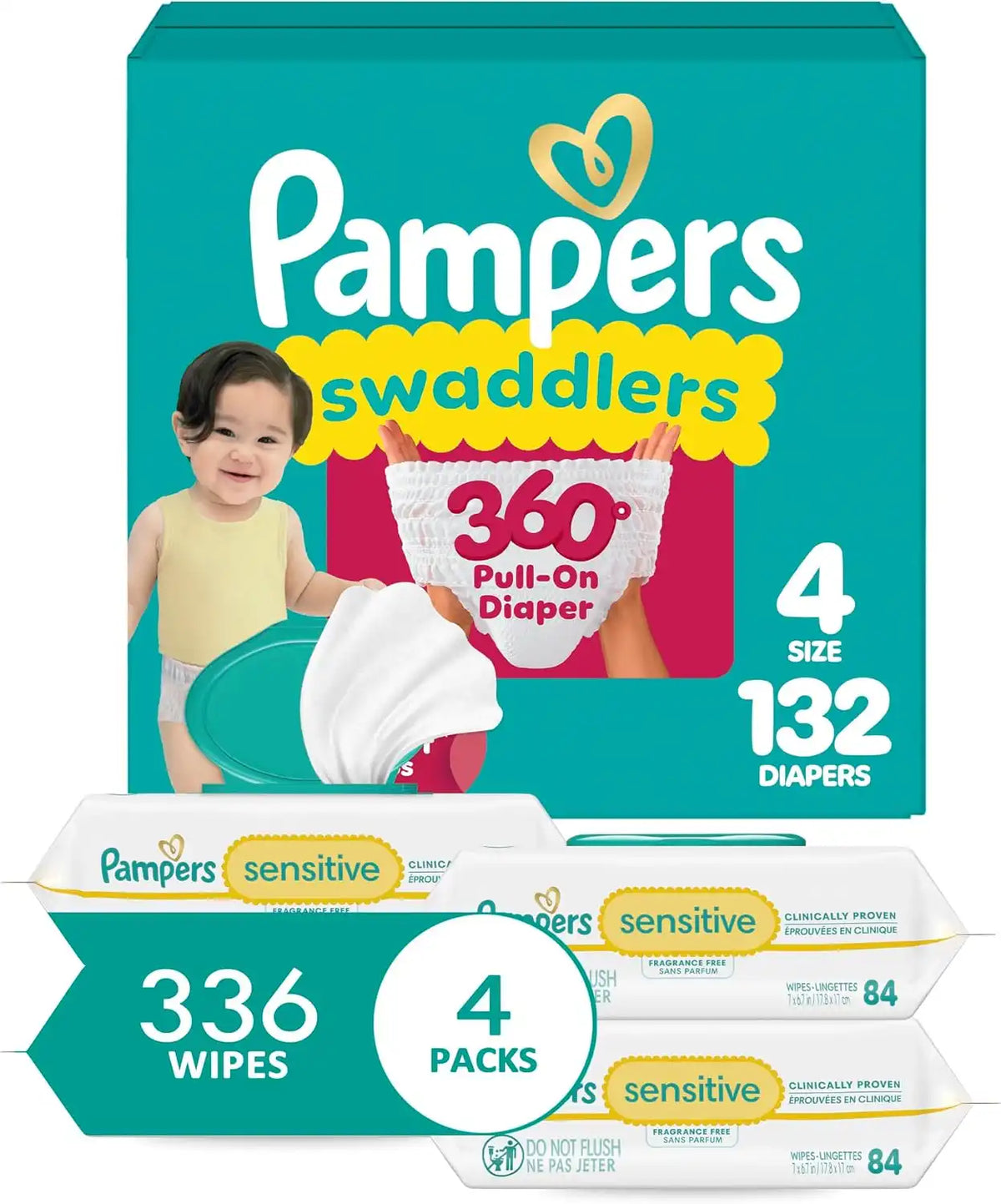 Pampers Swaddlers 360 Pull-On Diapers, Size 4, 132 Count, with Sensitive Baby Wipes, 4 Flip-Top Packs (336 Wipes Total) [Packaging May Vary]