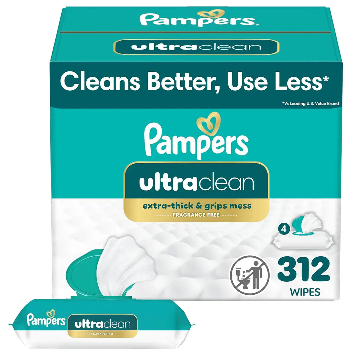 Pampers Ultraclean Baby Wipes (Previously 'Free & Gentle'), 99% Water, Hypoallergenic, Unscented, 100% Plant Based, Plastic-Free, 312 Wipes Total (4X Flip-Top Packs)