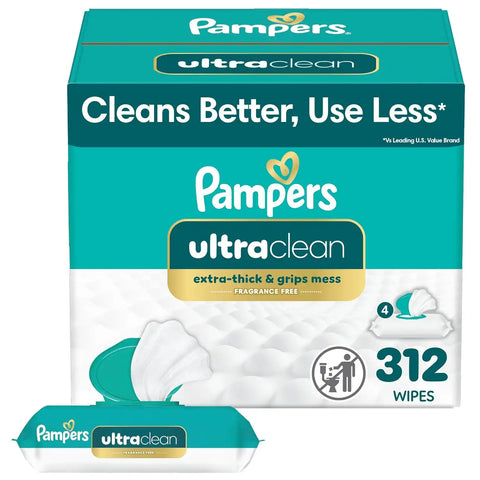 Pampers Ultraclean Baby Wipes (Previously 'Free & Gentle'), 99% Water, Hypoallergenic, Unscented, 100% Plant Based, Plastic-Free, 312 Wipes Total (4X Flip-Top Packs)