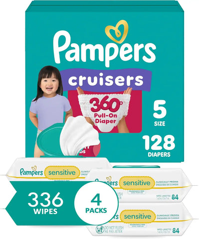Diapers Size 5, 128 Count and Baby Wipes - Pampers Pull On Cruisers 360° Fit Baby Diapers with Stretchy Waistband, ONE MONTH SUPPLY with Sensitive Wipes, 6X Pop-Tops, 336 Count (Packaging May Vary)