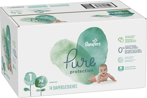 Pampers Diapers Newborn/Size 1 (8-14 lb), Pure Protection Disposable Baby Diapers, Hypoallergenic and Unscented Protection, Super Pack (Old Version), Size 1, 74 Count | Newborn/8-14 lb, Hypoallergenic, Unscented, Super Pack