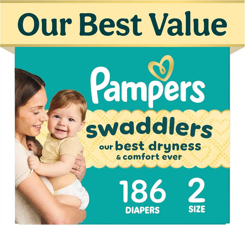 Pampers Swaddlers Diapers, Size 2 (10-22 lbs), 186 Count, Fragrance Free, Hypoallergenic, Absorbent, Pediatrician Recommended, Skin Safe