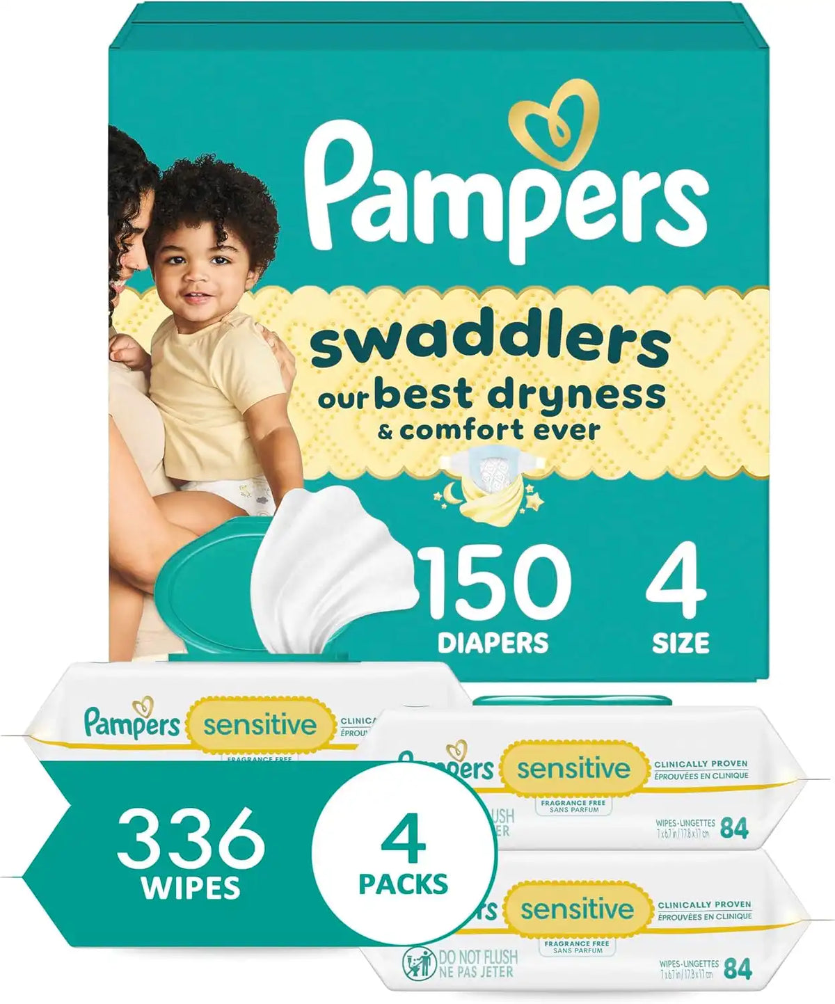 Pampers Swaddlers Disposable Baby Diapers Size 4, One Month Supply (150 Count) with Sensitive Water Based Baby Wipes 4X Pop-Top Packs (336 Count) [Packaging May Vary]