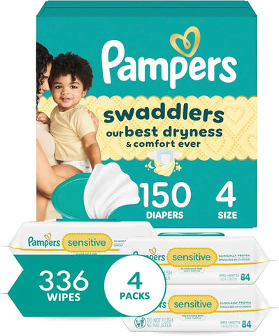 Pampers Swaddlers Disposable Baby Diapers Size 4, One Month Supply (150 Count) with Sensitive Water Based Baby Wipes 4X Pop-Top Packs (336 Count) [Packaging May Vary]