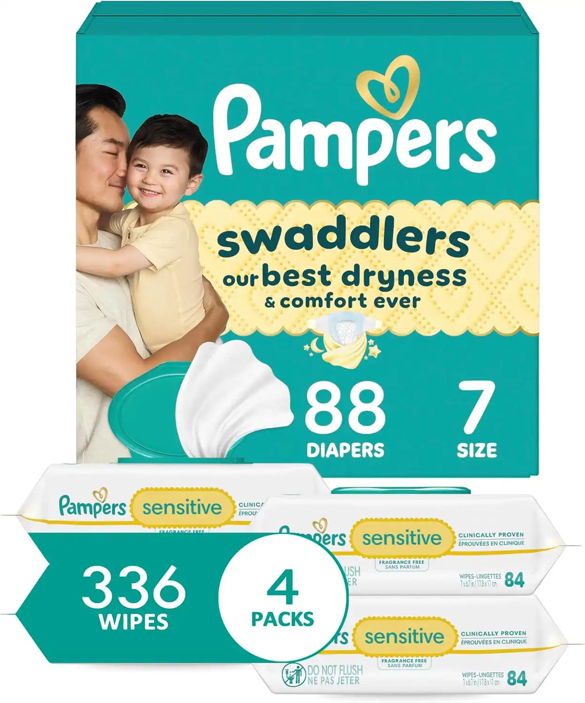 Pampers Swaddlers Disposable Baby Diapers Size 7, One Month Supply (88 Count) with Sensitive Water Based Baby Wipes 4X Pop-Top Packs (336 Count) [Packaging May Vary]