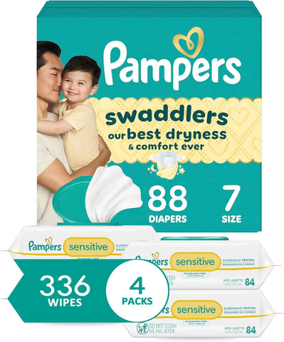 Pampers Swaddlers Disposable Baby Diapers Size 7, One Month Supply (88 Count) with Sensitive Water Based Baby Wipes 4X Pop-Top Packs (336 Count) [Packaging May Vary]