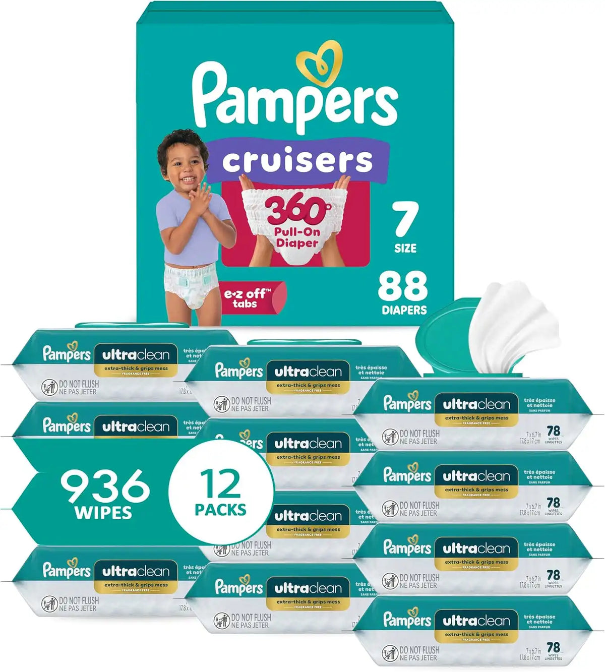 Pampers Pull On Cruisers 360° Fit Disposable Baby Diapers Size 7, One Month Supply (88 Count) with Ultra Clean Baby Wipes 12 Flip-Top Packs (936 Wipes Total)