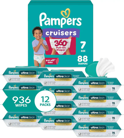 Pampers Pull On Cruisers 360° Fit Disposable Baby Diapers Size 7, One Month Supply (88 Count) with Ultra Clean Baby Wipes 12 Flip-Top Packs (936 Wipes Total)