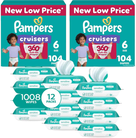 Pampers Pull On Cruisers 360° Fit Disposable Baby Diapers Size 6, 2 Months Supply (2 x 104 Count) with Sensitive Water Based Baby Wipes 12X Multi Pack Pop-Top and Refill (1008 Count)