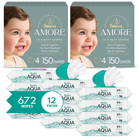 NEW Pampers Amore, Size 4 (15-34 lbs), 150 Count, Our Best Diaper + Pampers Baby Wipes Aqua Pure, 99% Water-Based Wipes, Hypoallergenic and Unscented Infant Wipe, 672 Total (12 Flip-Top Packs)