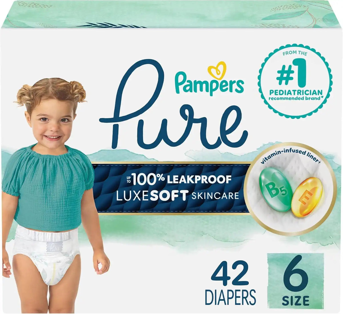 Pampers Pure Baby Diapers, Size 6, 42 Count, Up to 100% Leakproof, Premium Hypoallergenic Soft Diapers