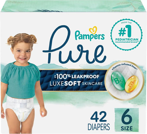 Pampers Pure Baby Diapers, Size 6, 42 Count, Up to 100% Leakproof, Premium Hypoallergenic Soft Diapers