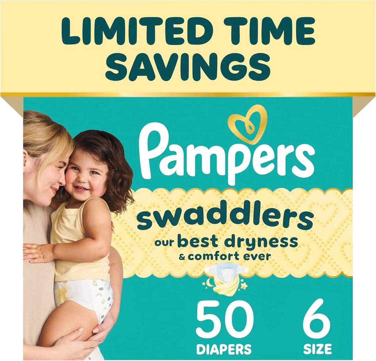Pampers Swaddlers Diapers, Size 6 (23-44 lbs), 50 Count, Hypoallergenic, Absorbent, Keeps Baby Dry and Comfortable, Skin Safe Disposable Baby Diaper