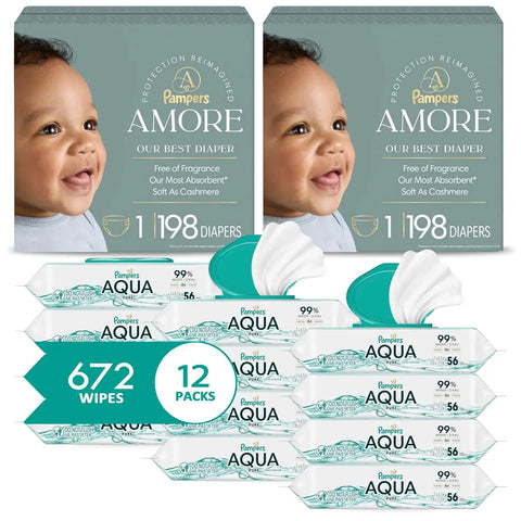 NEW Pampers Amore, Size 1 (8-14 lbs), 198 Count, Our Best Diaper + Pampers Baby Wipes Aqua Pure, 99% Water-Based Wipes, Hypoallergenic and Unscented Infant Wipe, 672 Total (12 Flip-Top Packs)