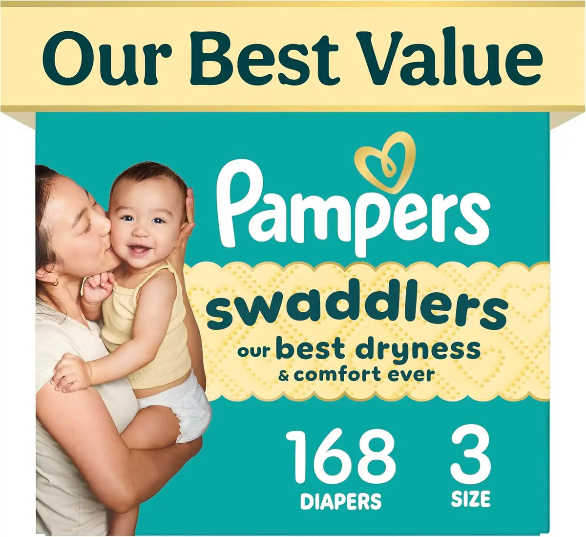 Pampers Swaddlers Diapers, Size 3 (13-26 lbs), 168 Count, Fragrance Free, Hypoallergenic, Absorbent, Pediatrician Recommended, Skin Safe