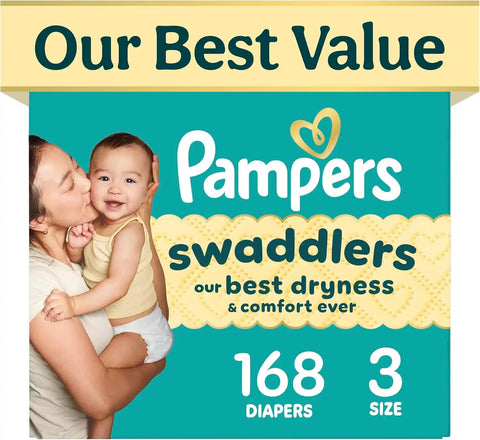 Pampers Swaddlers Diapers, Size 3 (13-26 lbs), 168 Count, Fragrance Free, Hypoallergenic, Absorbent, Pediatrician Recommended, Skin Safe