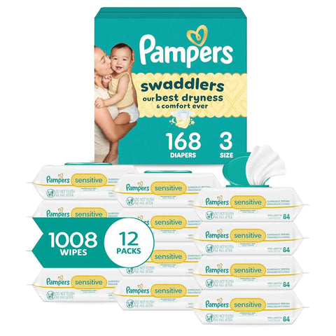 Pampers Swaddlers Disposable Baby Diapers Size 3, 168 Count with Sensitive Water Based Baby Wipes 12 Flip-Top Packs (1008 Wipes Total)