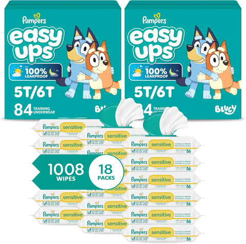 Pampers Easy Ups Pull On Training Underwear Boys, 5T-6T, 2 Month Supply (2 x 84 Count) with Sensitive Water Based Baby Wipes 12X Multi Pack Pop-Top and Refill (1008 Count)