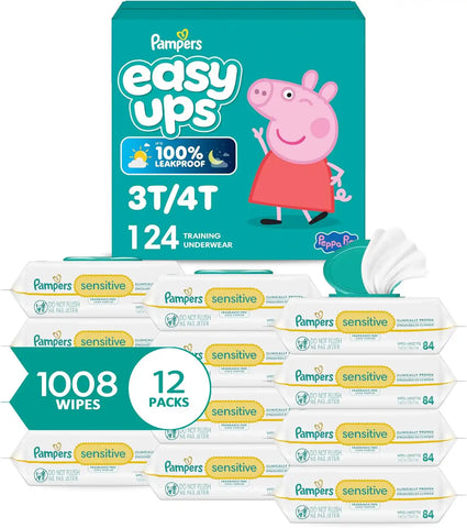 Pampers Easy Ups Pull On Training Pants Peppa Pig, 3T-4T, One Month Supply (124 Count) with Sensitive Water Based Baby Wipes 12 Flip-Top Packs (1008 Wipes Total)
