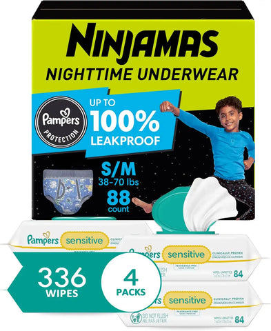 Ninjamas Boys Bedwetting Nighttime Underwear, Size S/M (38-70 lbs), 88 Count+ Pampers Wipes, Sensitive, Water Based Wipe, Hypoallergenic, and Unscented 336 Wipes Total [Packaging May Vary]