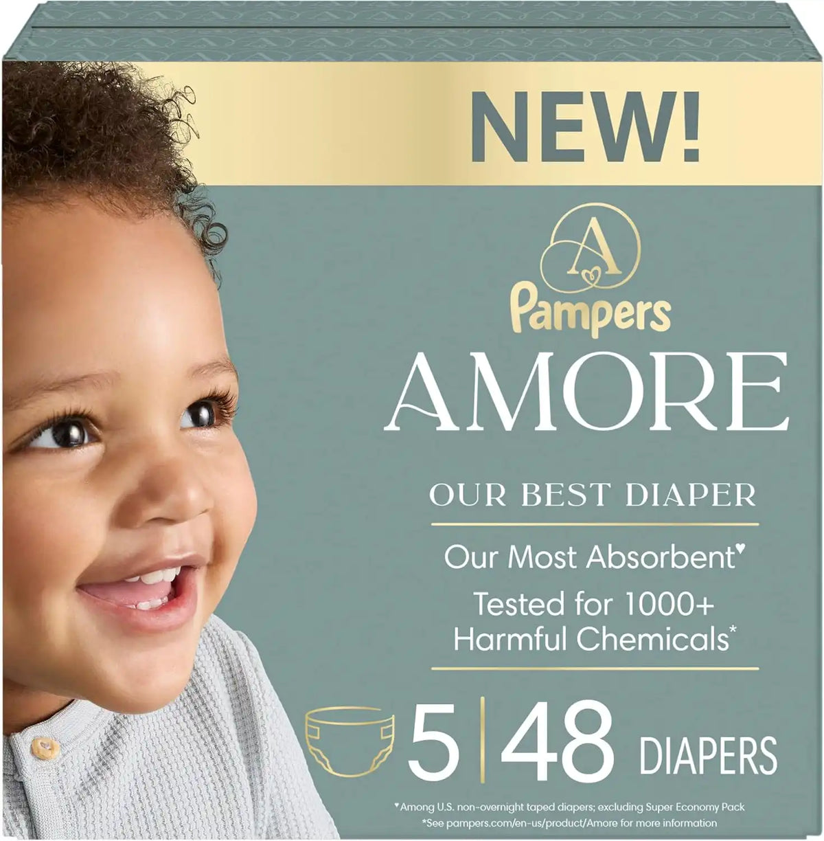 Pampers Amore, Size 5 (20-37 lbs), 48 Count, Our Best Diaper – Hypoallergenic & Fragrance Free, Up to 100% Leakproof, Soft as Cashmere
