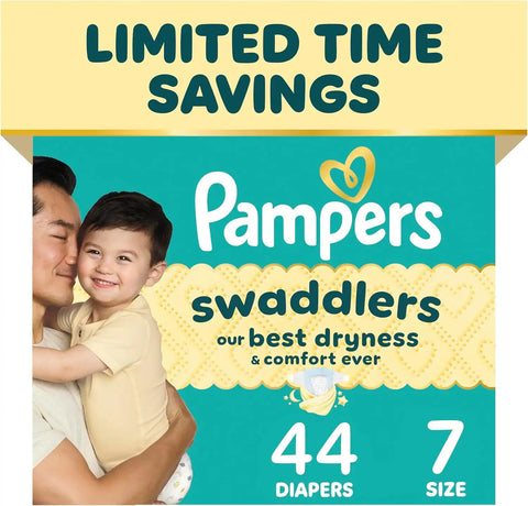 Pampers Swaddlers Diapers, Size 7 (26-50 lbs), 44 Count, Fragrance Free, Hypoallergenic, Absorbent, Pediatrician Recommended, Skin Safe