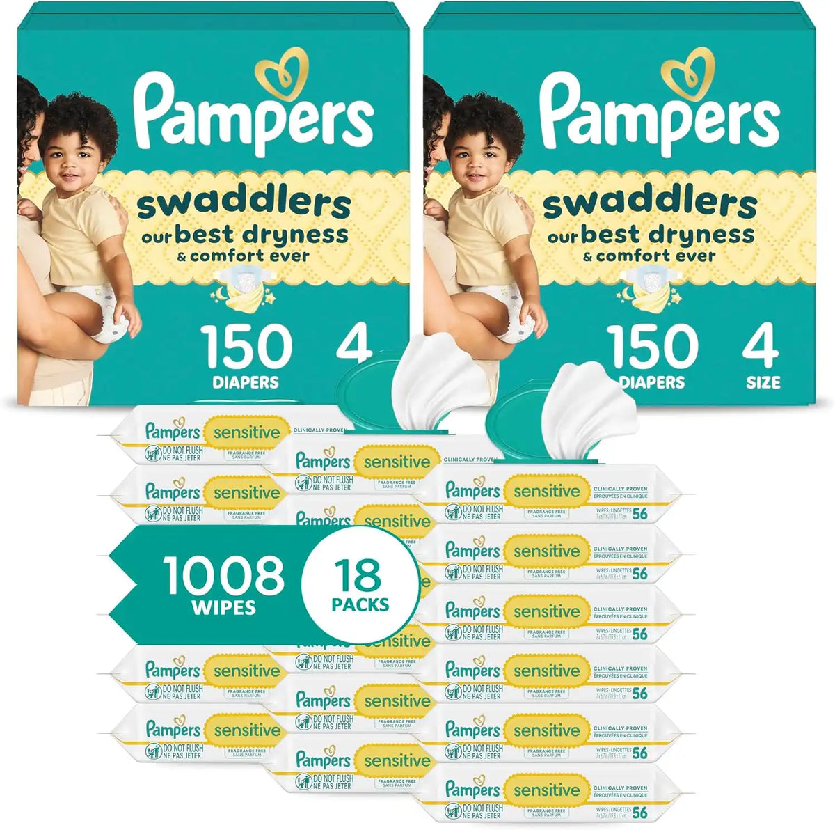 Pampers Swaddlers Disposable Baby Diapers Size 4, 2 Month Supply (2 x 150 Count) with Sensitive Water Based Baby Wipes 12X Multi Pack Pop-Top and Refill (1008 Count) [Packaging May Vary]