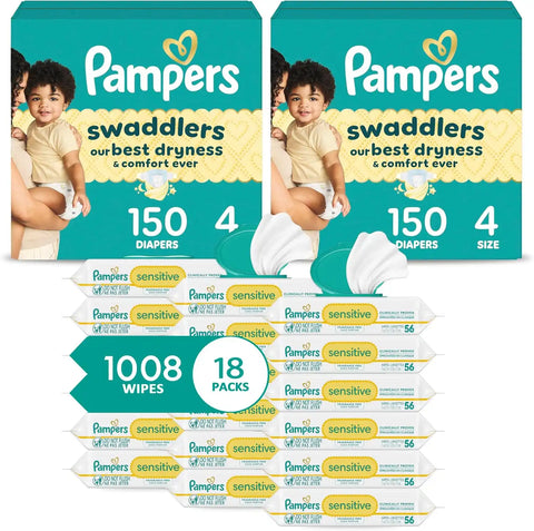 Pampers Swaddlers Disposable Baby Diapers Size 4, 2 Month Supply (2 x 150 Count) with Sensitive Water Based Baby Wipes 12X Multi Pack Pop-Top and Refill (1008 Count) [Packaging May Vary]