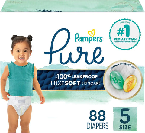 Pampers Pure Baby Diapers, Size 5 (27+ lbs), 88, Up to 100% Leakproof, Premium Hypoallergenic Soft Diapers